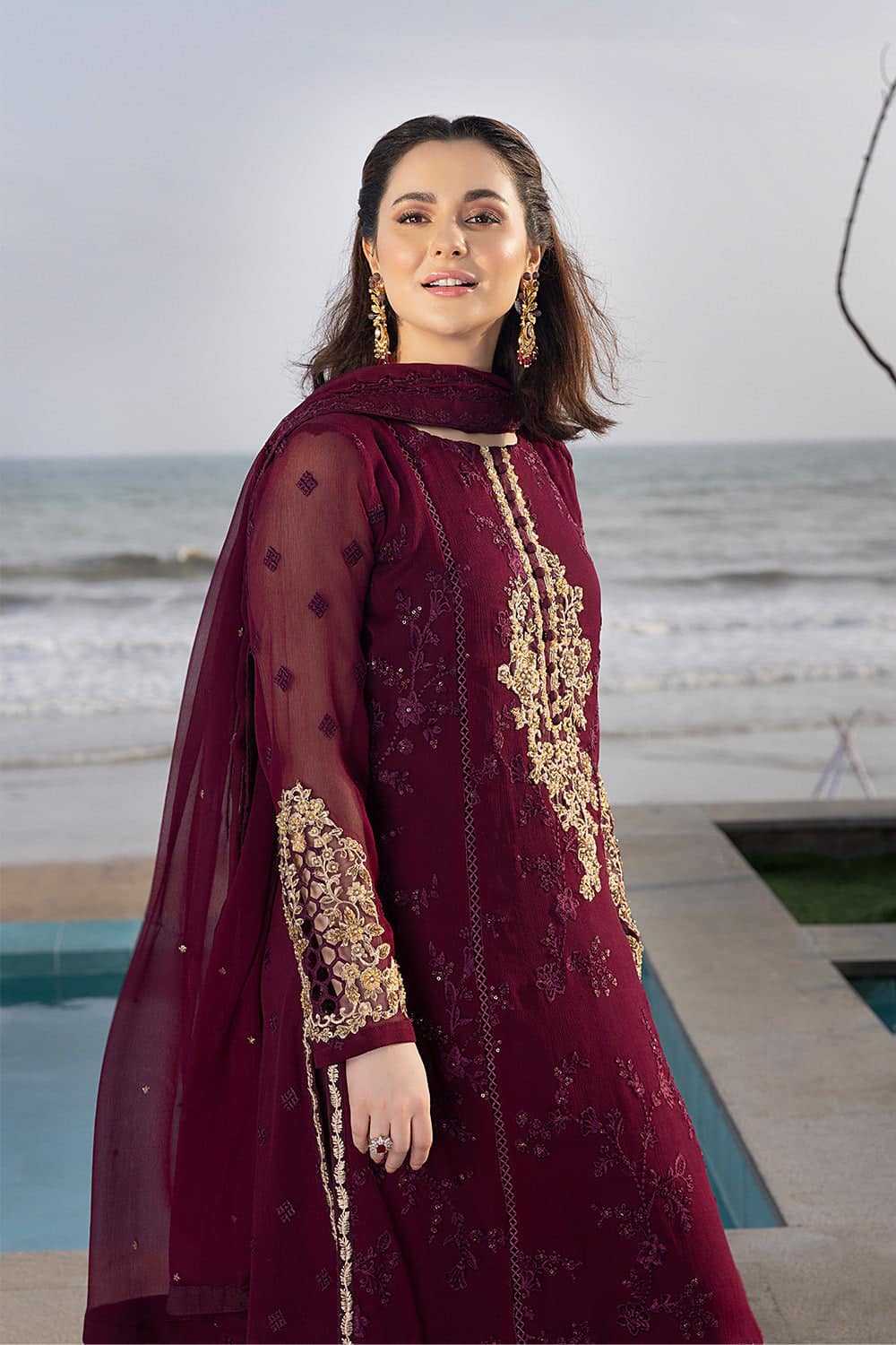 Azure Maroon Luxury Chiffon Dress - 02