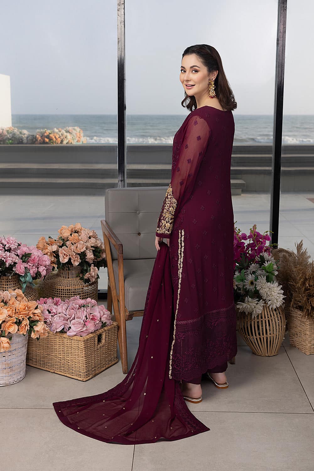 Azure Maroon Luxury Chiffon Dress - 02