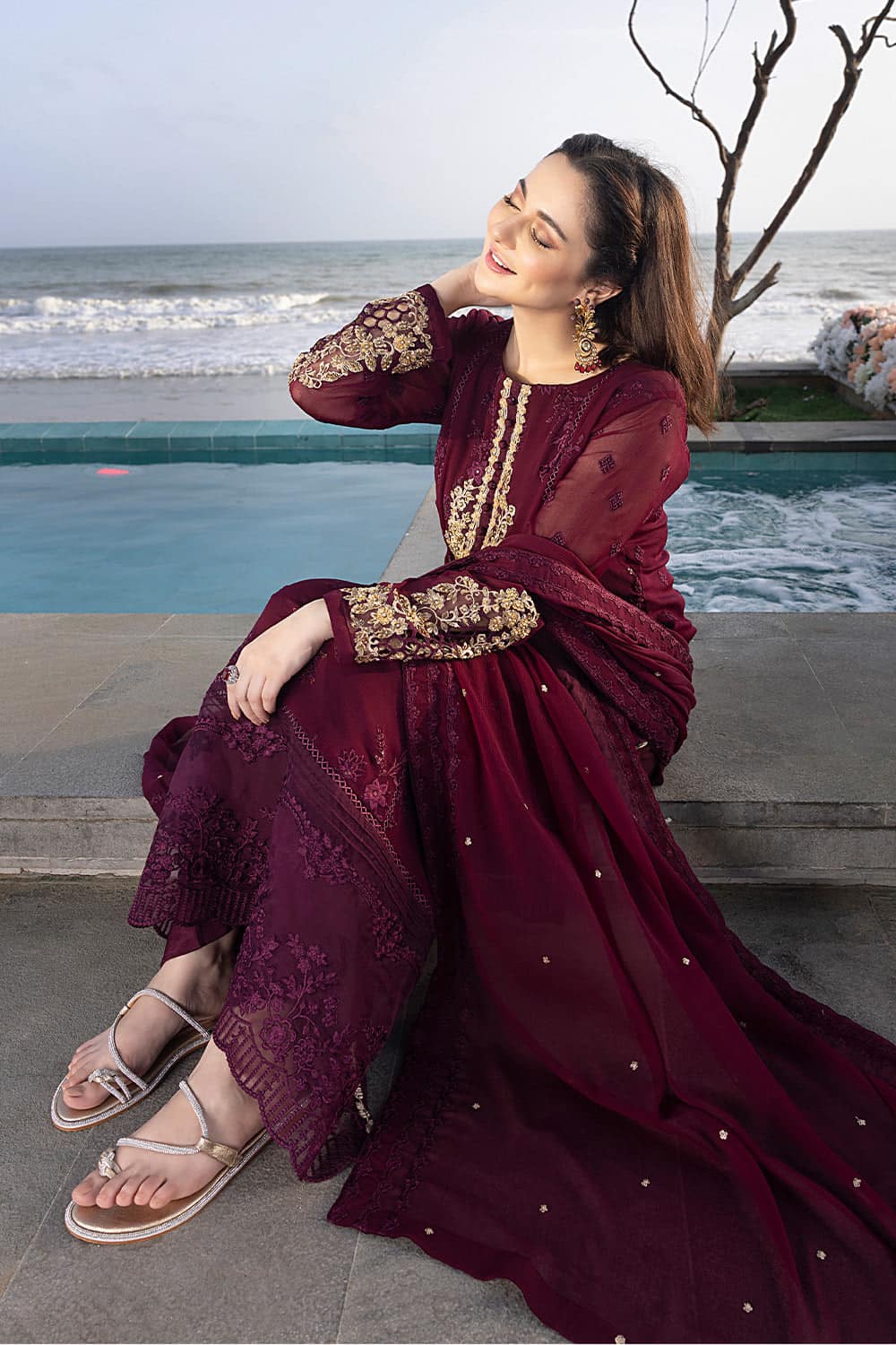 Azure Maroon Luxury Chiffon Dress - 02