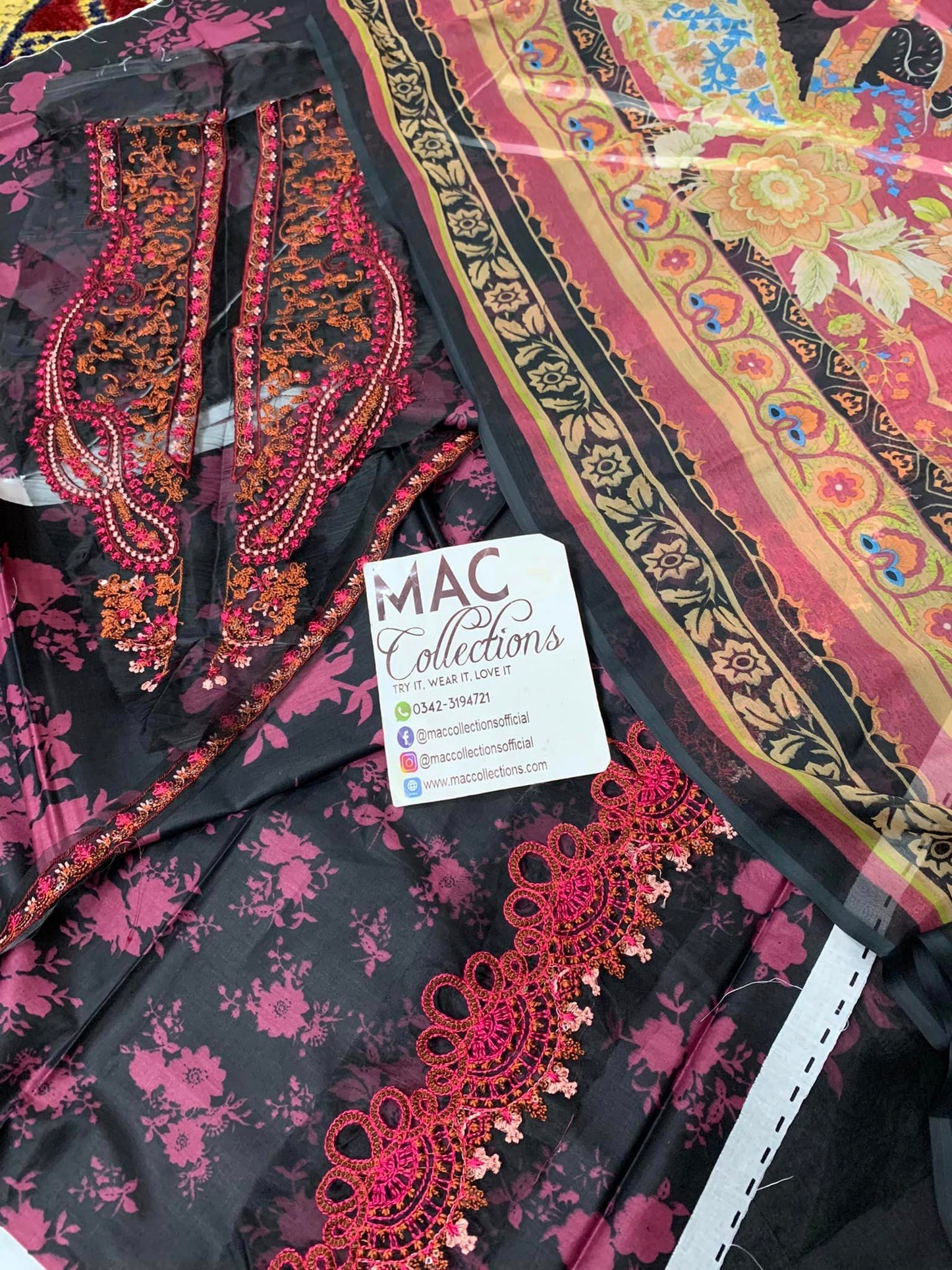 Maria B M Print Black n Maroon Luxury Lawn Dress