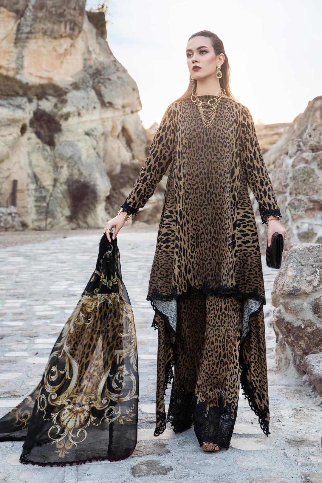 Maria B M Print Brown Cheeta Luxury Lawn Dress