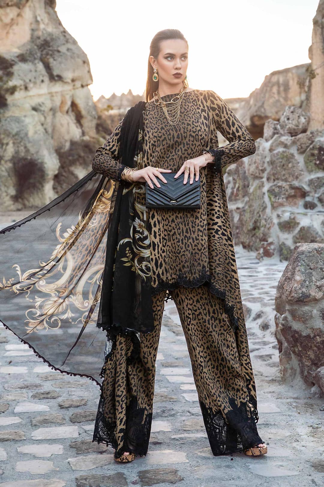 Maria B M Print Brown Cheeta Luxury Lawn Dress