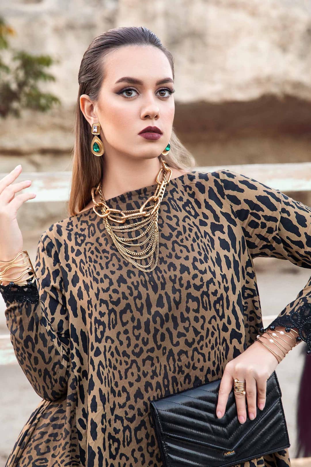 Maria B M Print Brown Cheeta Luxury Lawn Dress