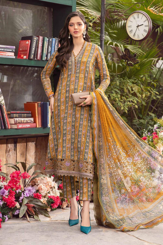 Maria B M Print Mustard Flower Strip Luxury Lawn Dress