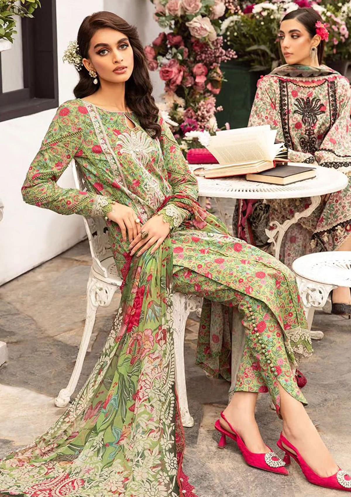 Maria B M Print Green & Maroon Lawn Dress