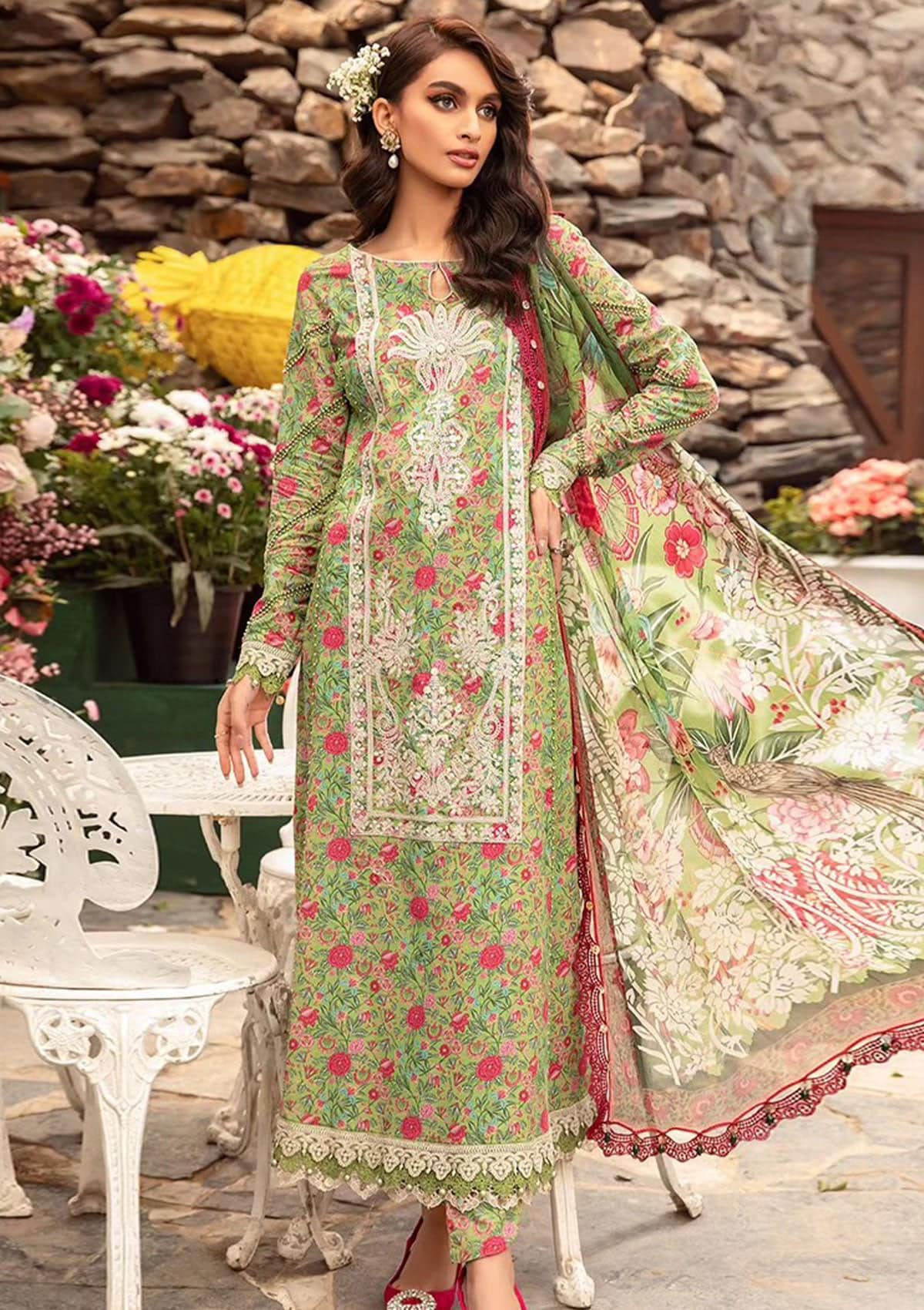 Maria B M Print Green & Maroon Lawn Dress