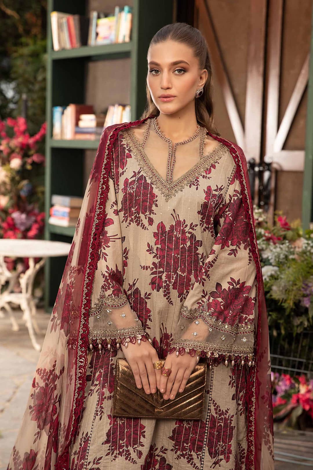 Maria B M Print Cream n Maroon Luxury Lawn Dress