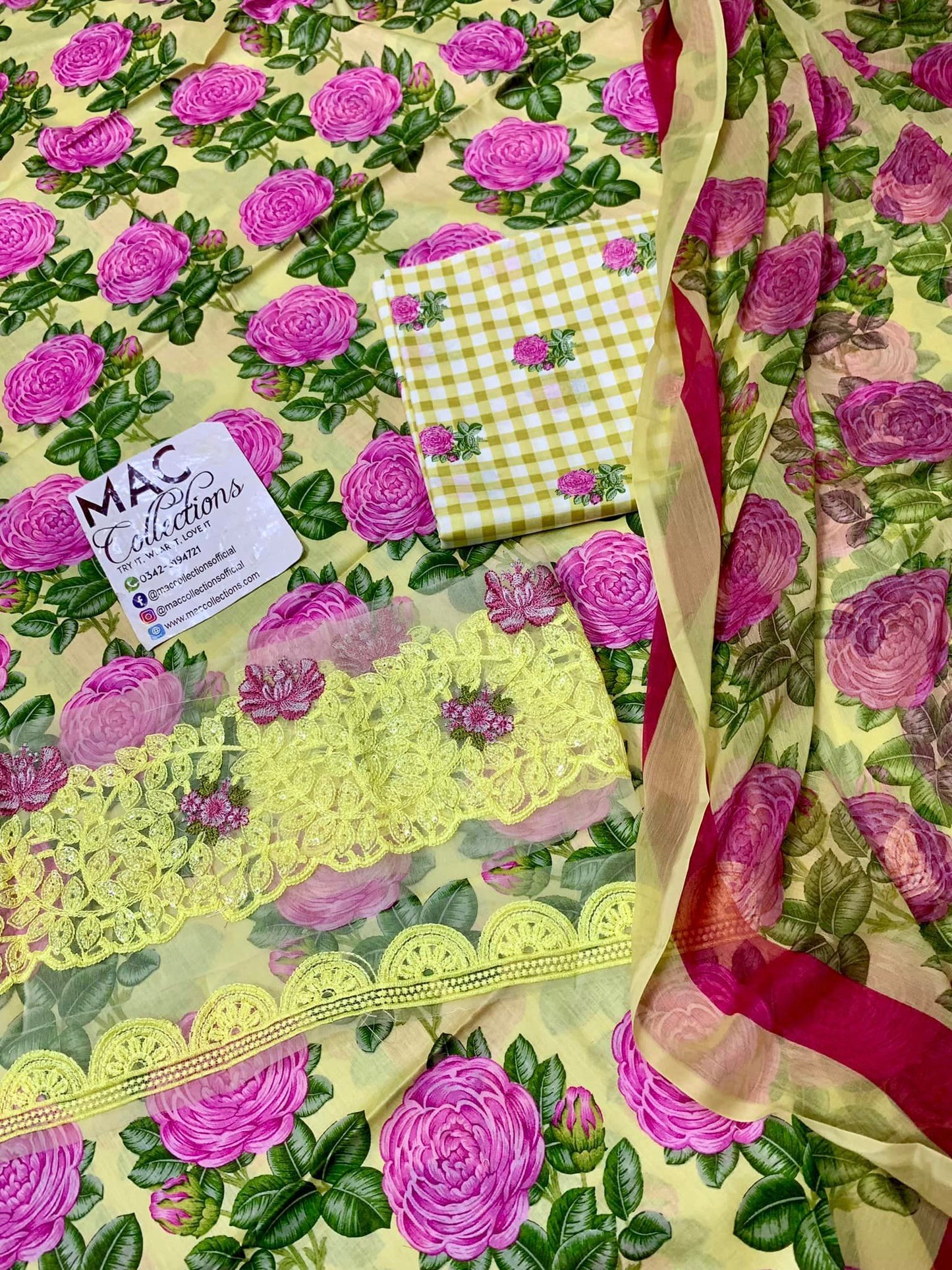 Maria B M Print Yellow & Pink Luxury Lawn Dress