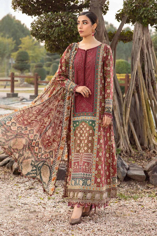 Maria B M Print Maroon Chickenkari  Luxury lawn Dress