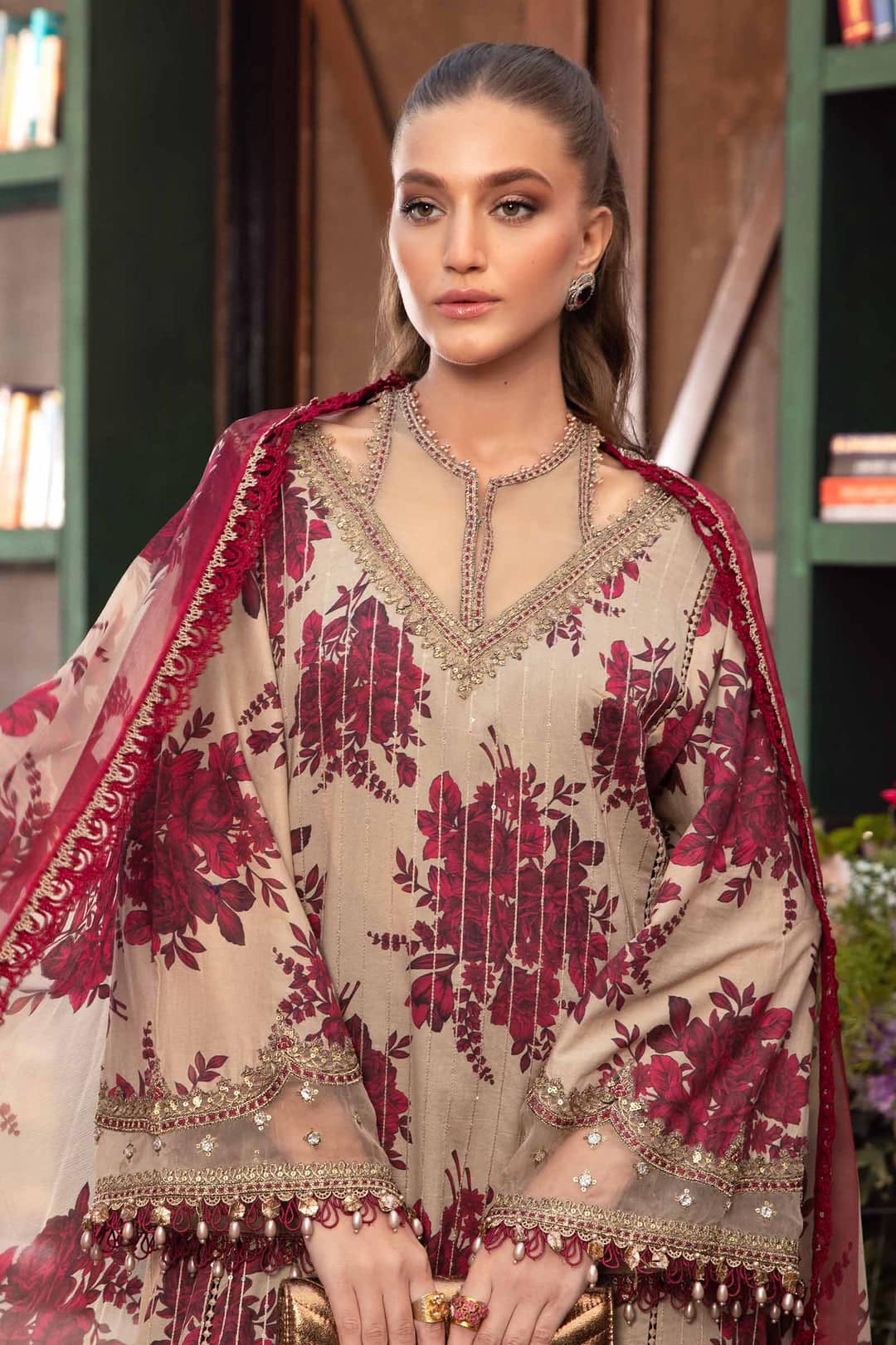 Maria B M Print Cream n Maroon Luxury Lawn Dress