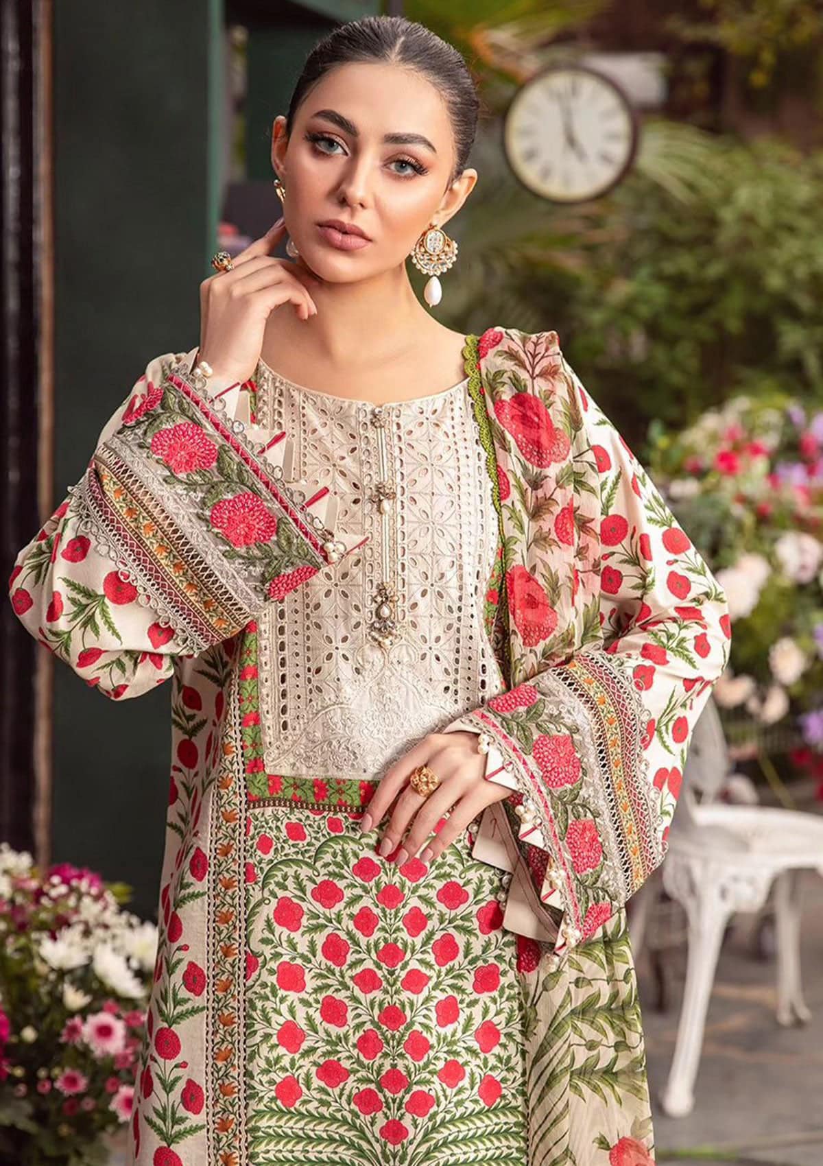 Maria B M Print Cream Chikankari Luxury lawn Dress