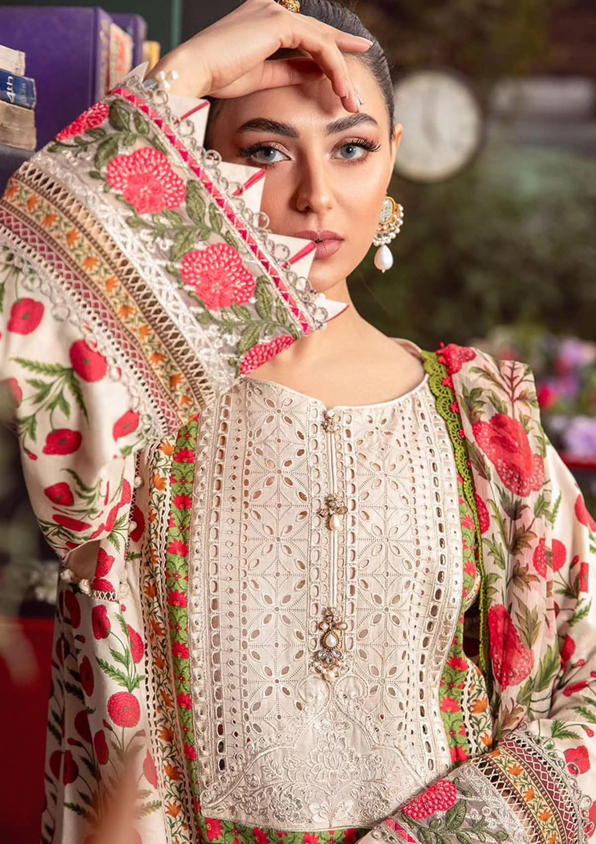 Maria B M Print Cream Chikankari Luxury lawn Dress