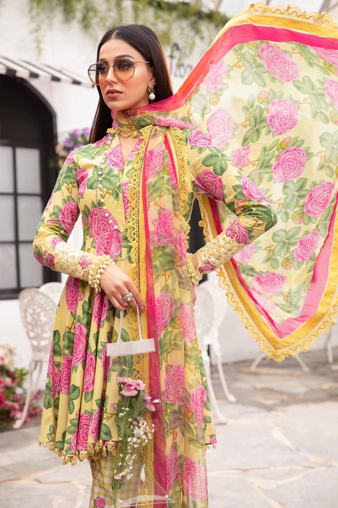 Maria B M Print Yellow & Pink Luxury Lawn Dress