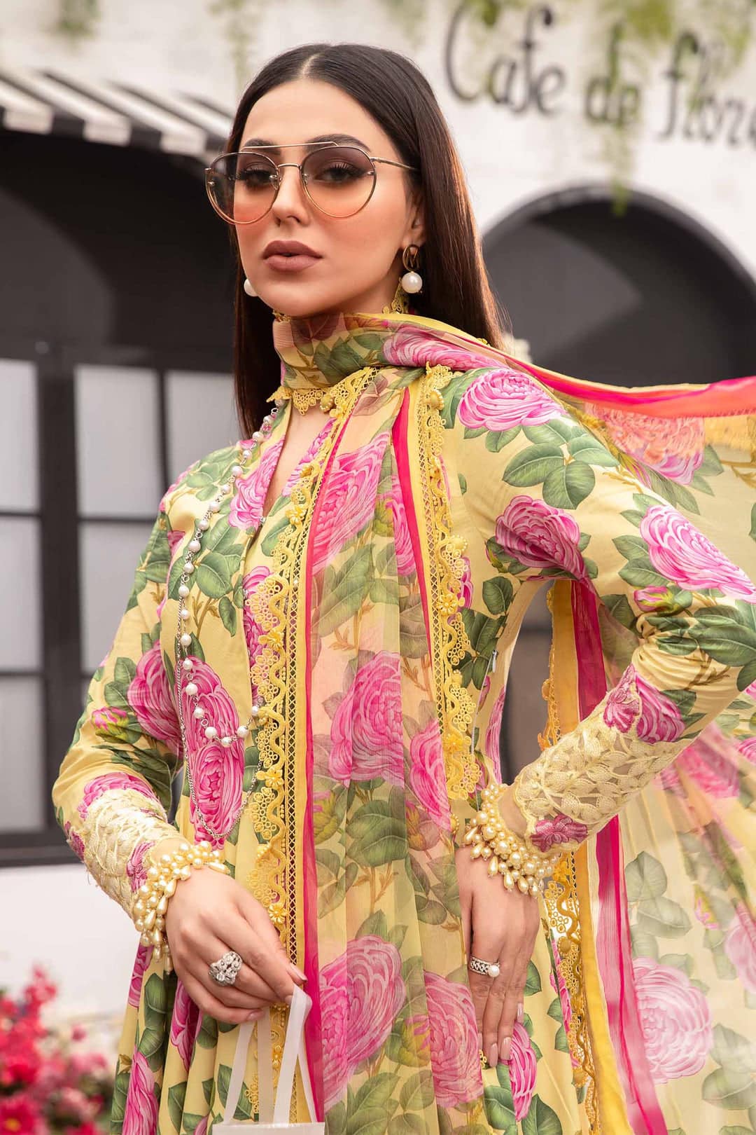 Maria B M Print Yellow & Pink Luxury Lawn Dress