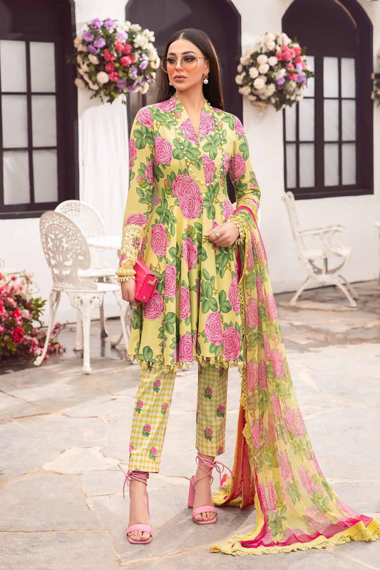 Maria B M Print Yellow & Pink Luxury Lawn Dress