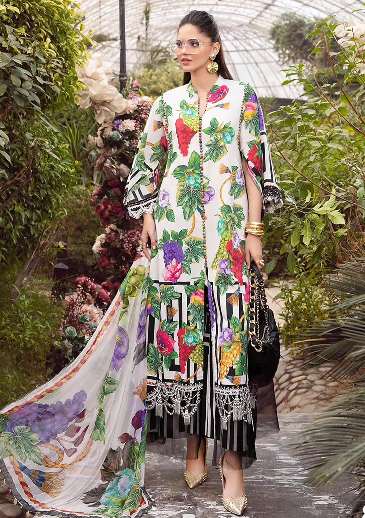 Maria B M Print White Grapes Luxury lawn Dress