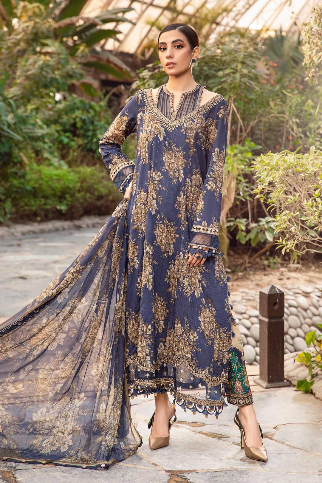 Maria B M Print Blue & Brown Luxury lawn Dress