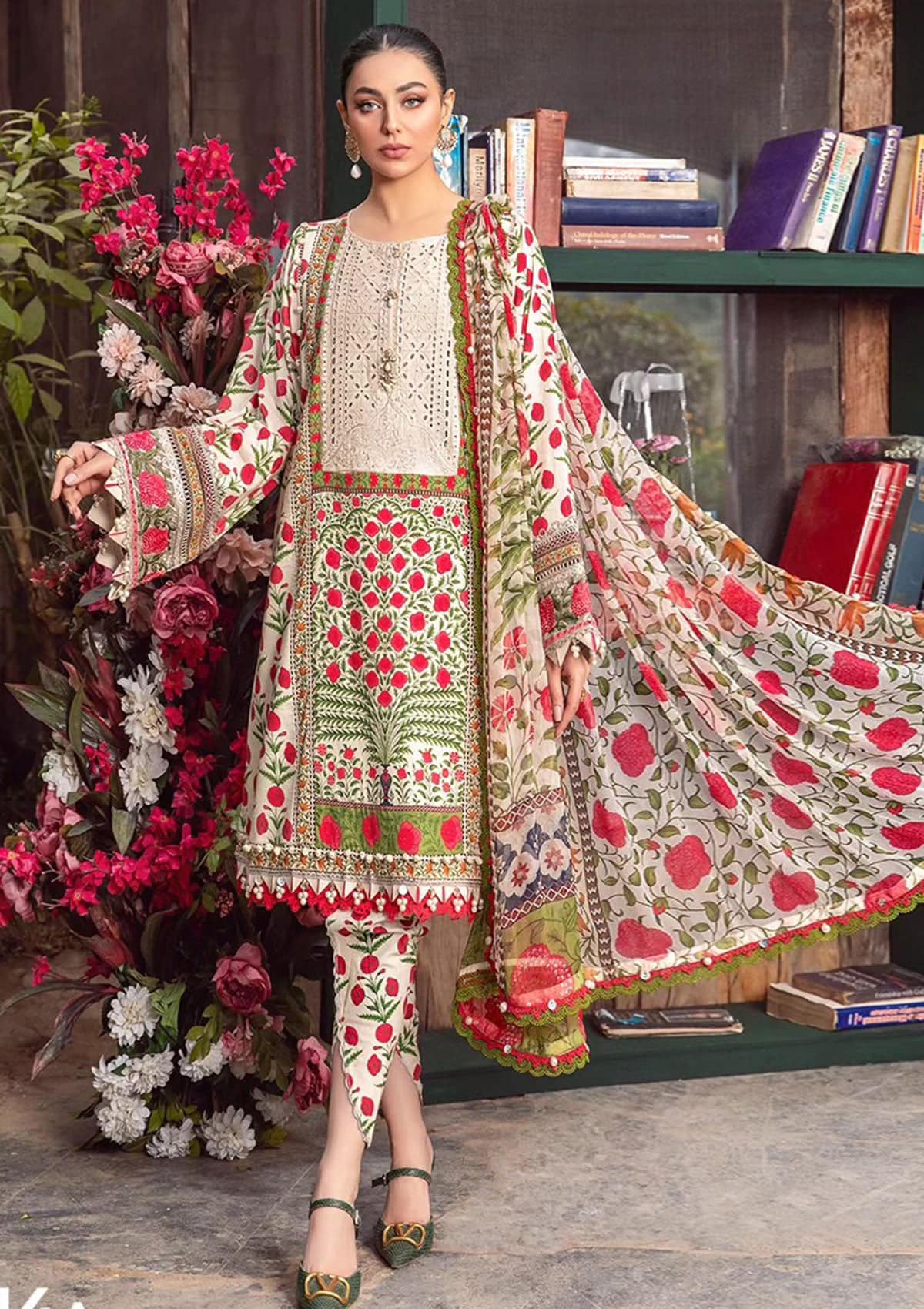 Maria B M Print Cream Chikankari Luxury lawn Dress