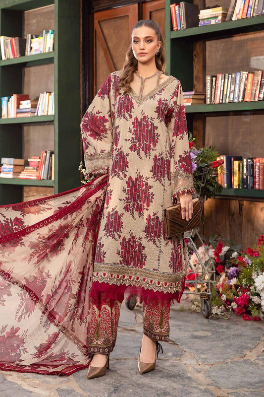 Maria B M Print Cream n Maroon Luxury Lawn Dress