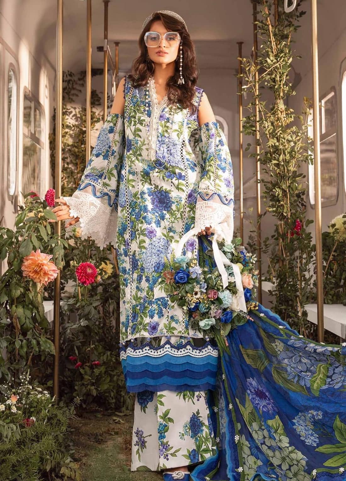 Maria B M Print White n Blue Luxury Lawn Dress