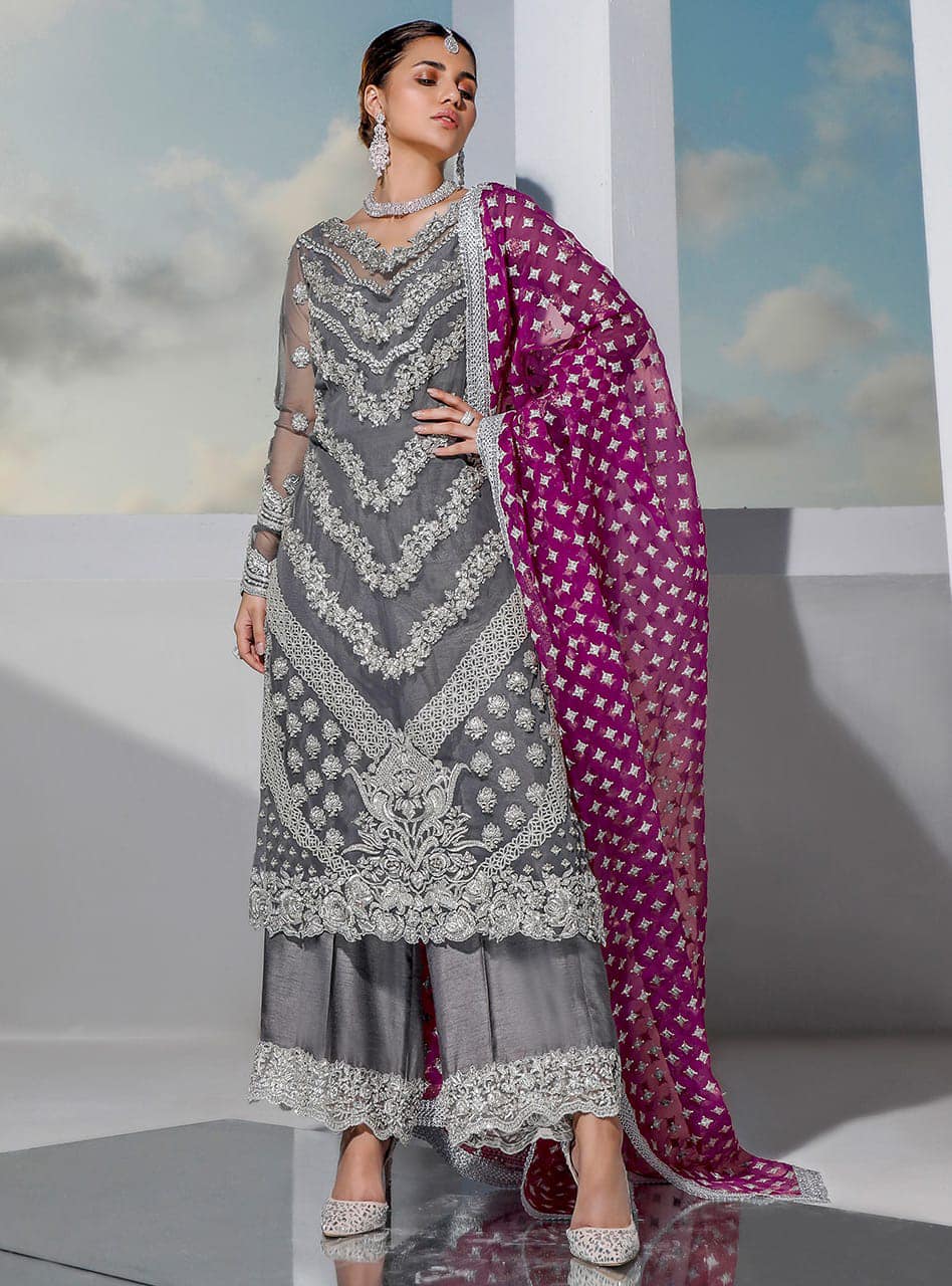 Zainab Chottani Grey Luxury Organza Dress