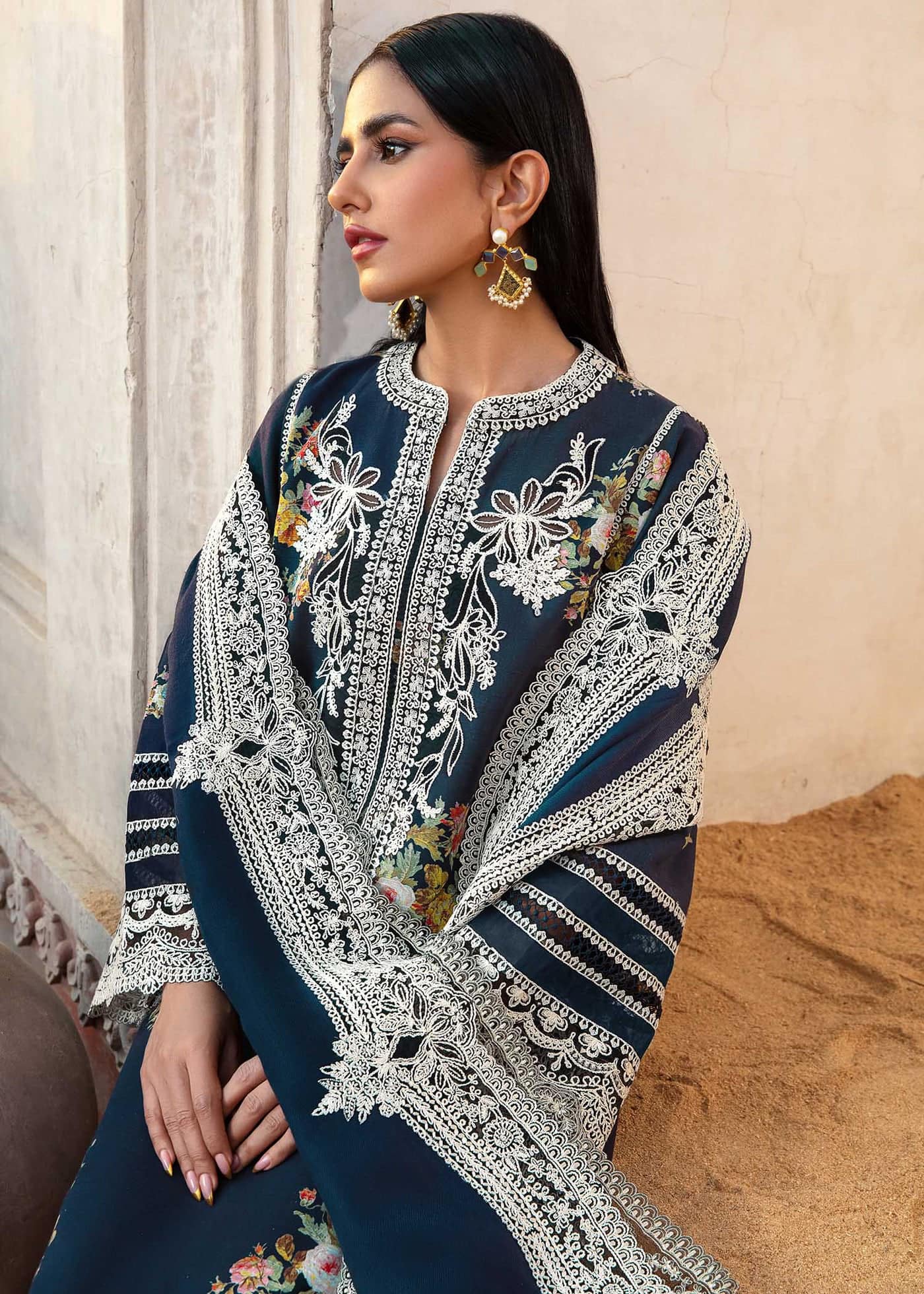 Crimson Navy Blue Luxury Lawn Dress