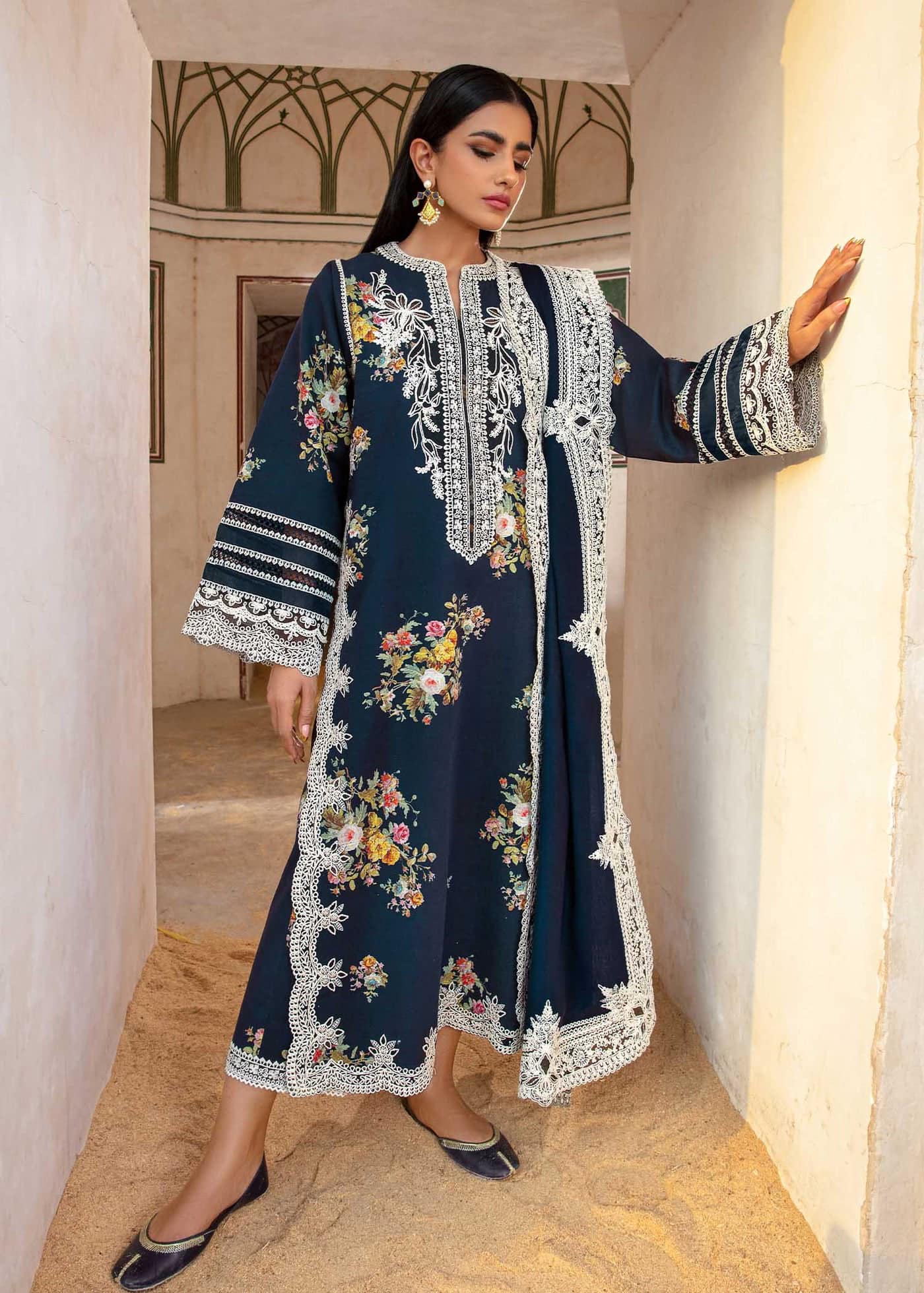 Crimson Navy Blue Luxury Lawn Dress