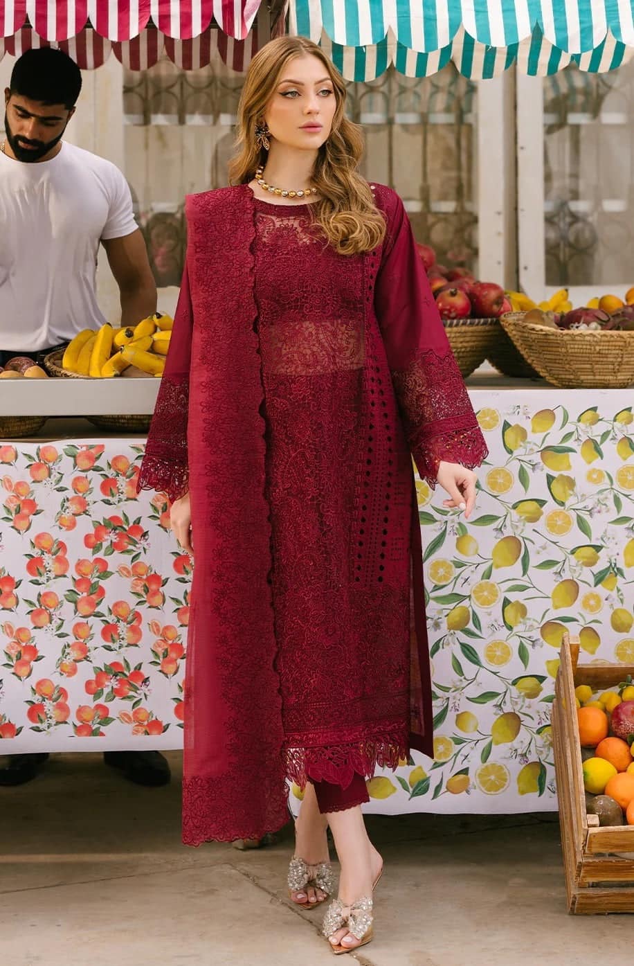 Mahnoor Maroon Luxury Lawn Dress