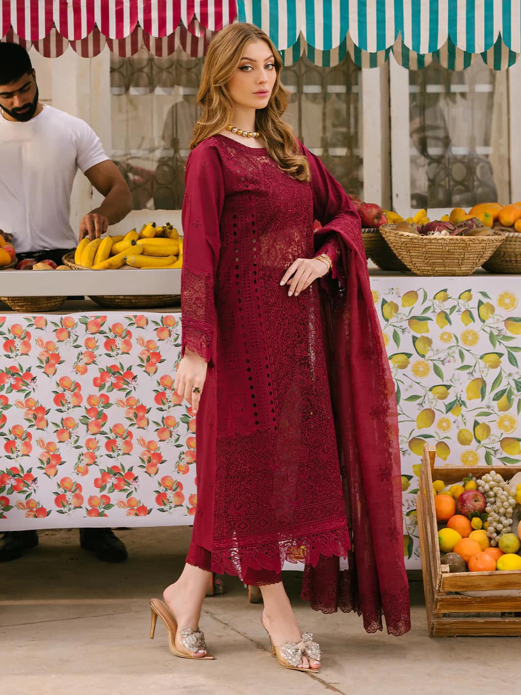 Mahnoor Maroon Luxury Lawn Dress