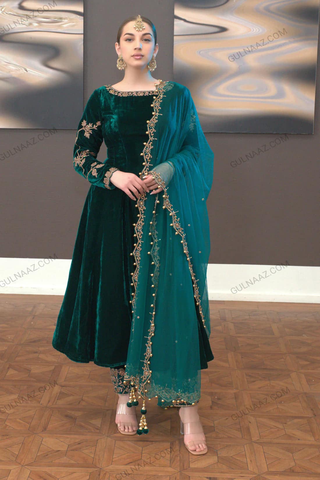 Gulnaz Khan Green Luxury Velvet Dress