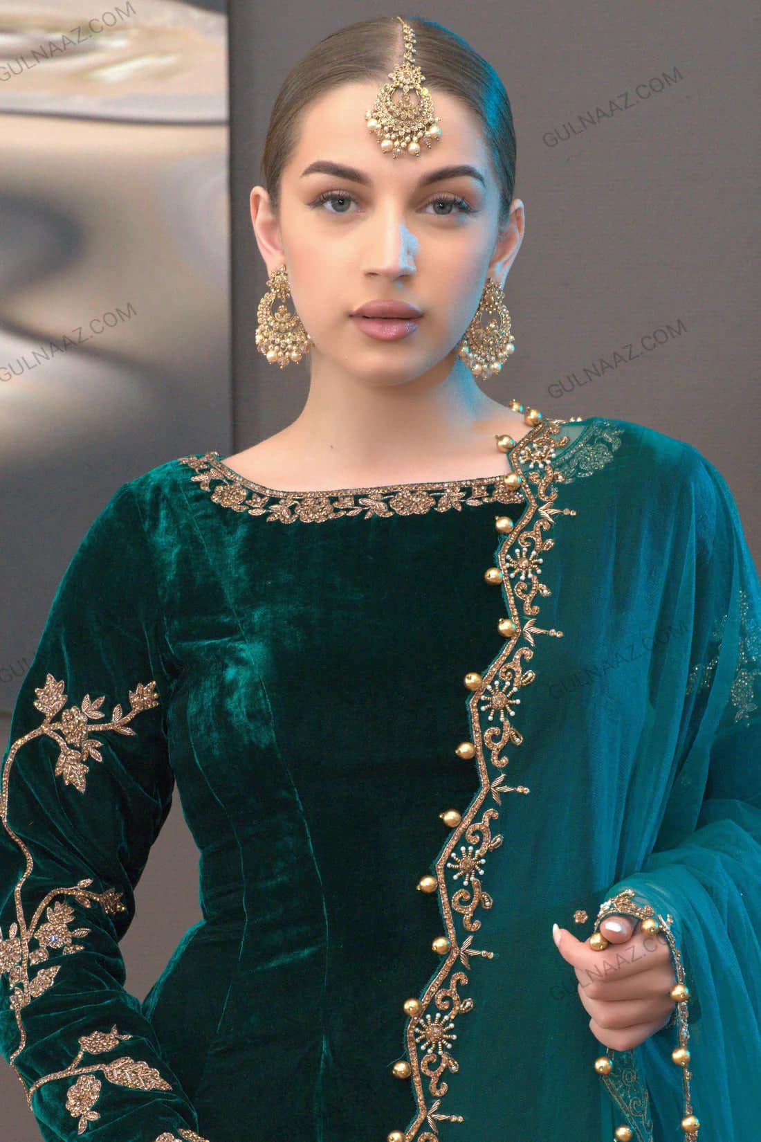 Gulnaz Khan Green Luxury Velvet Dress