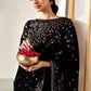 JZM Embroidered Black Luxury Velvet & Net Saree