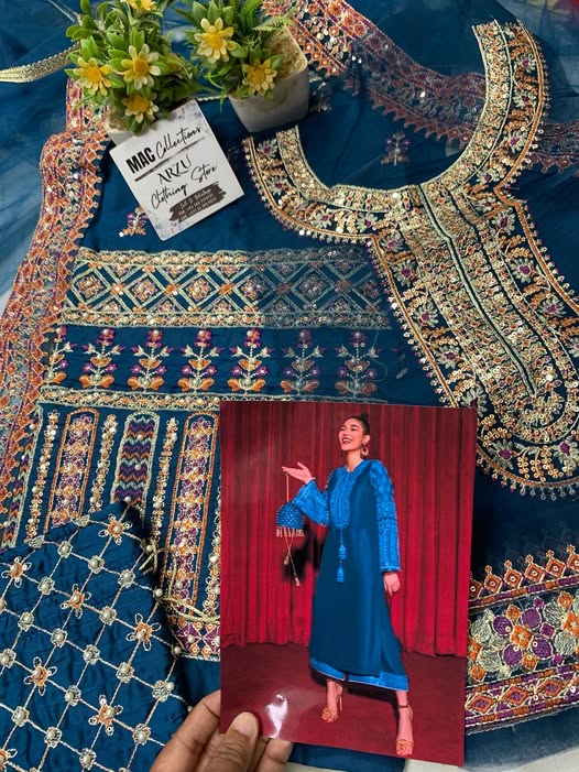 HR Embroidered Blue Luxury Silk Dress