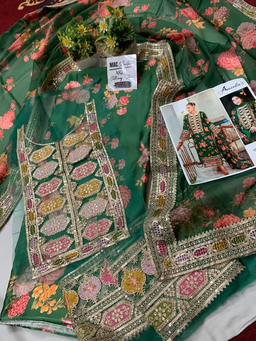 ANL Embroidered Green Luxury Silk Dress