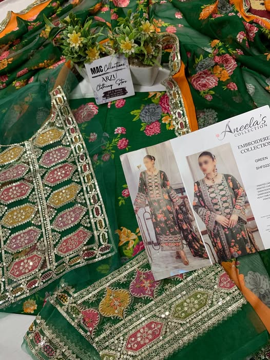 ANL Embroidered Green Luxury Lawn Dress