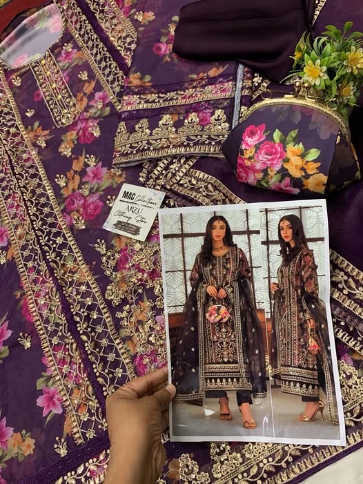 Designer Purple Organza & Silk Semi Stitched 4 Piece