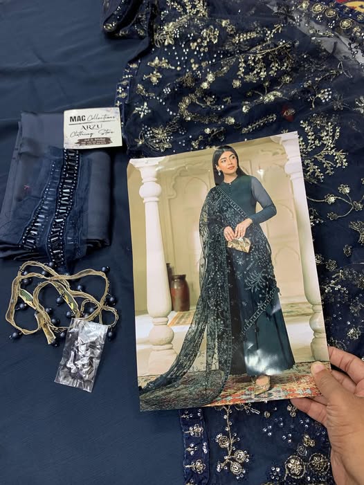 AZH Embroidered Navy Blue Luxury Chiffon Maxi