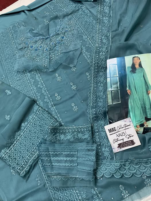 AZU Embroidered Sea Green Luxury Chiffon Dress