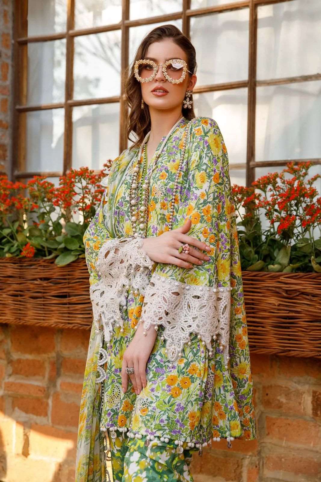 Maria B M Print Luxury Lawn Dress (Yellow Flowers)