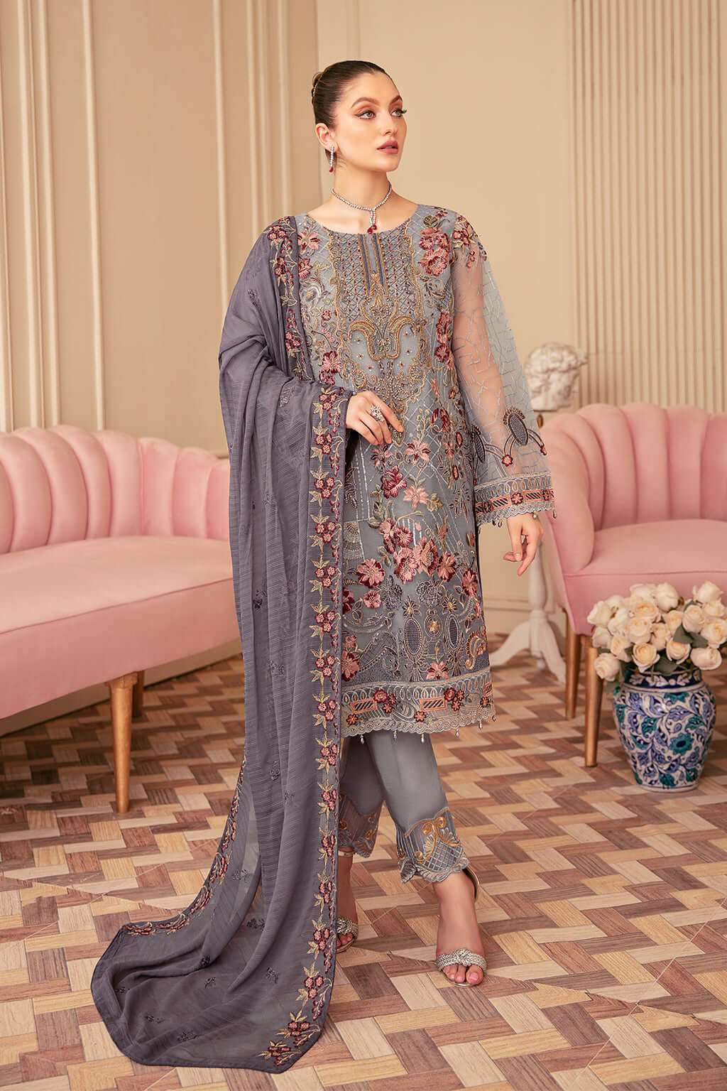 Minahil Grey Luxury Organza Collection Replica