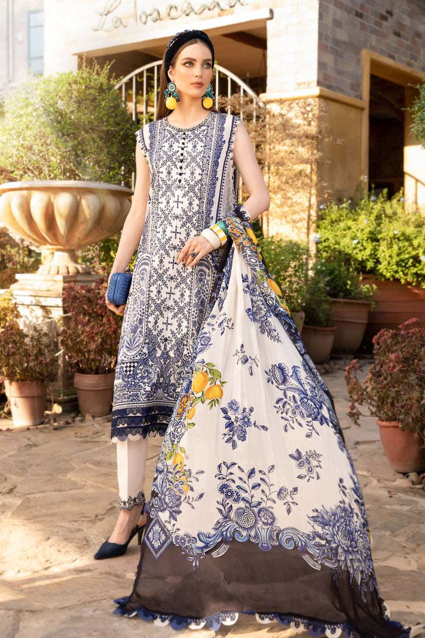 Maria B M Print Cream n Blue Luxury Lawn Collection Replica