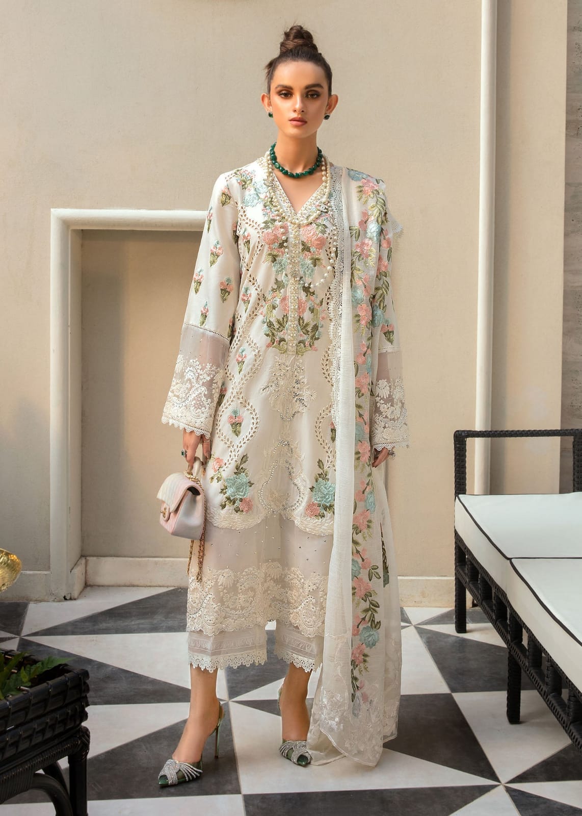 Crimson Off White Luxury Lawn Dress