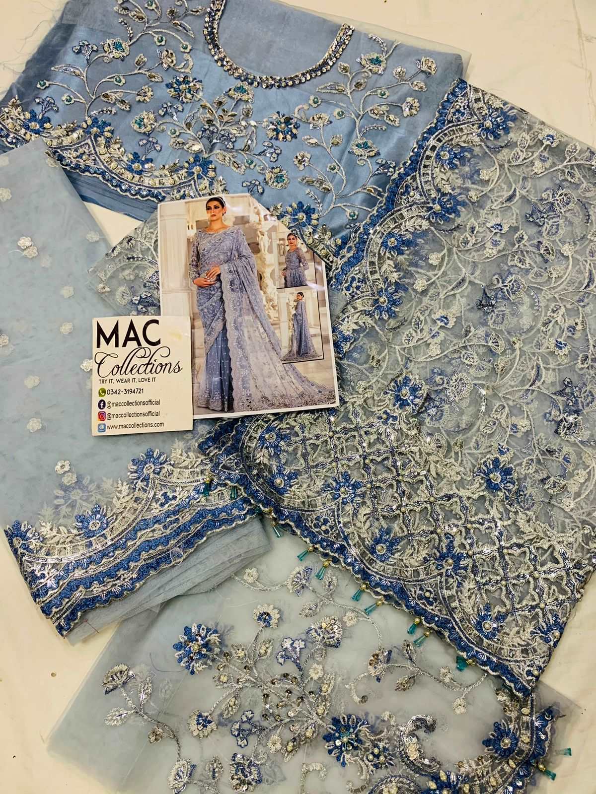 Maria B Ice Blue Saree Luxury Net Collection Replica