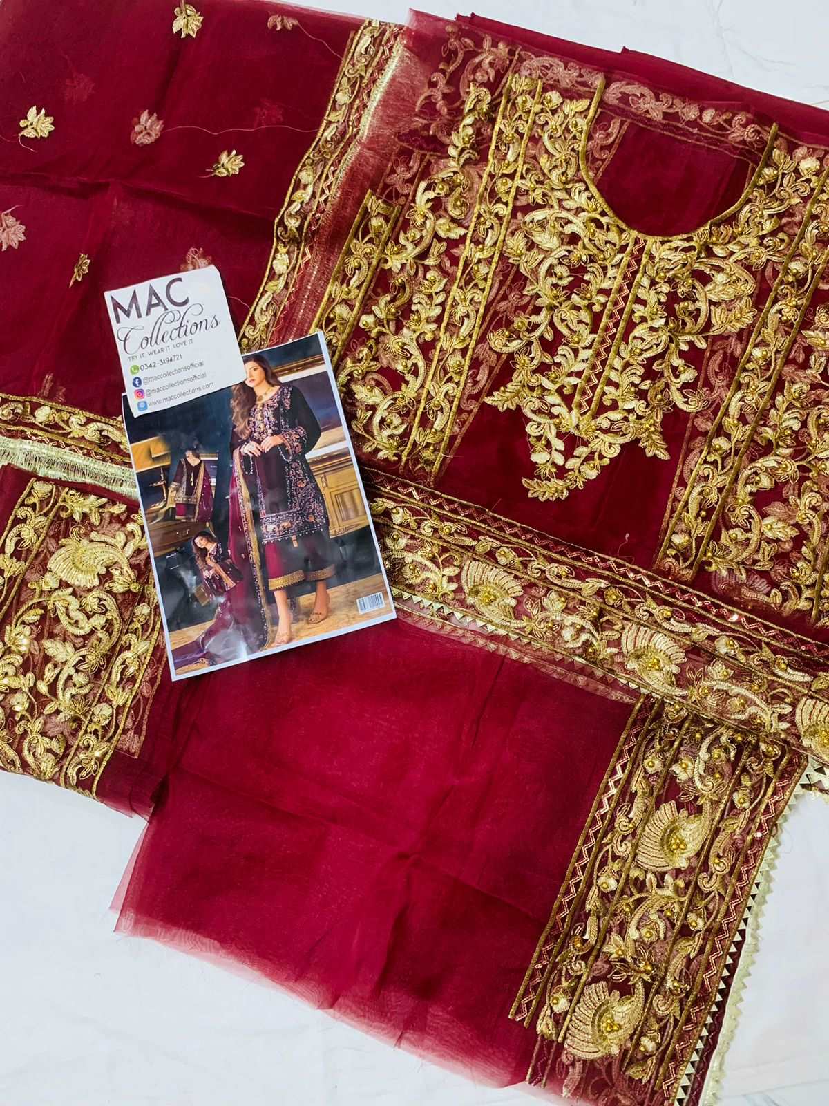 Asim Jofa Maroon Luxury Organza Collection Replica