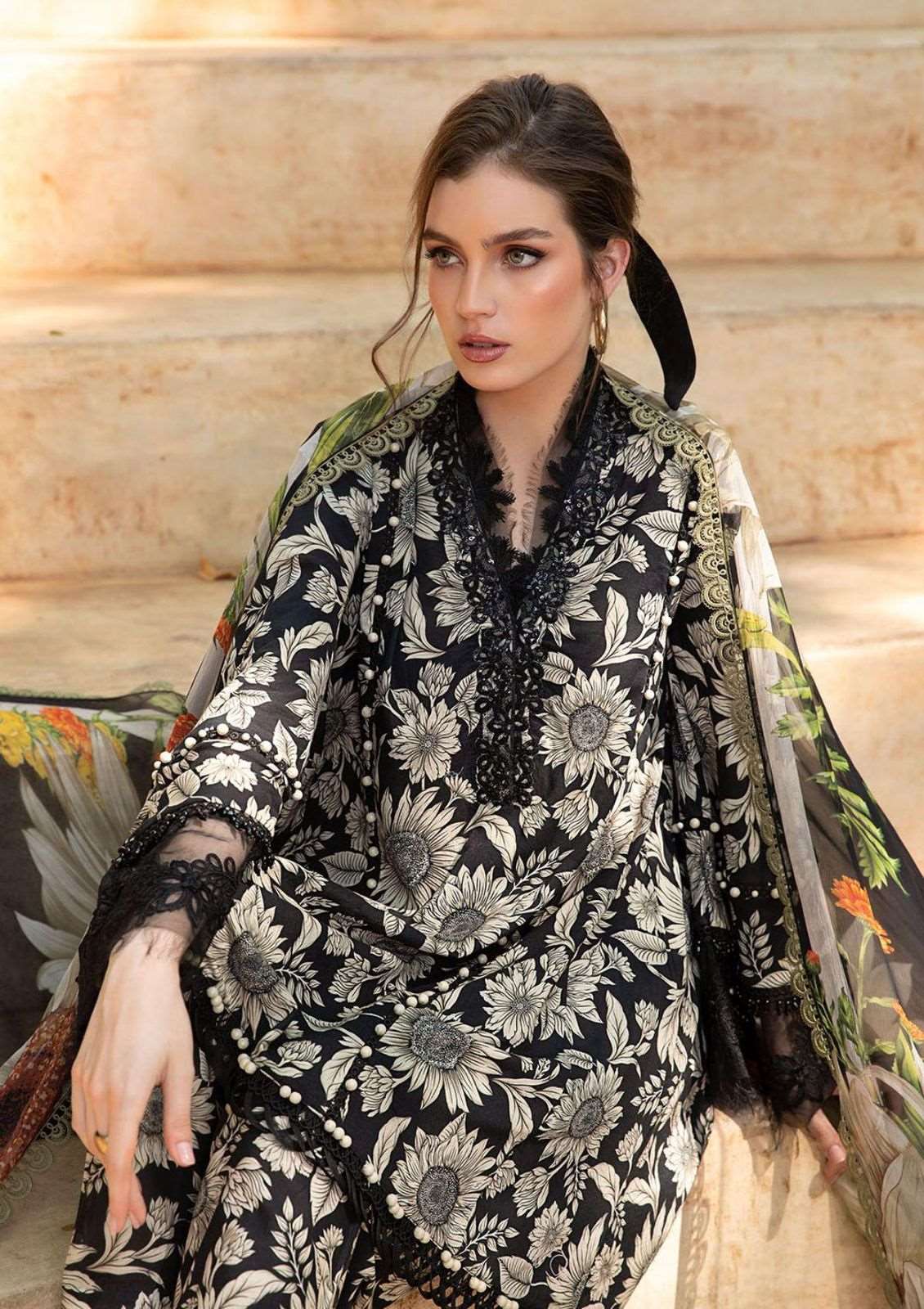 Maria B M Print Black Sunflower Luxury Lawn Collection Replica