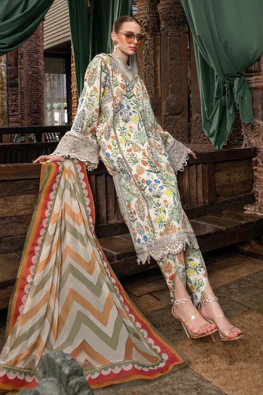 Maria B M Print Cream flower Luxury Lawn Dress