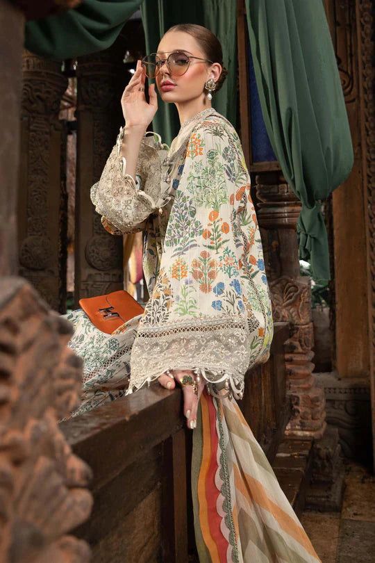 Maria B M Print Cream flower Luxury Lawn Dress