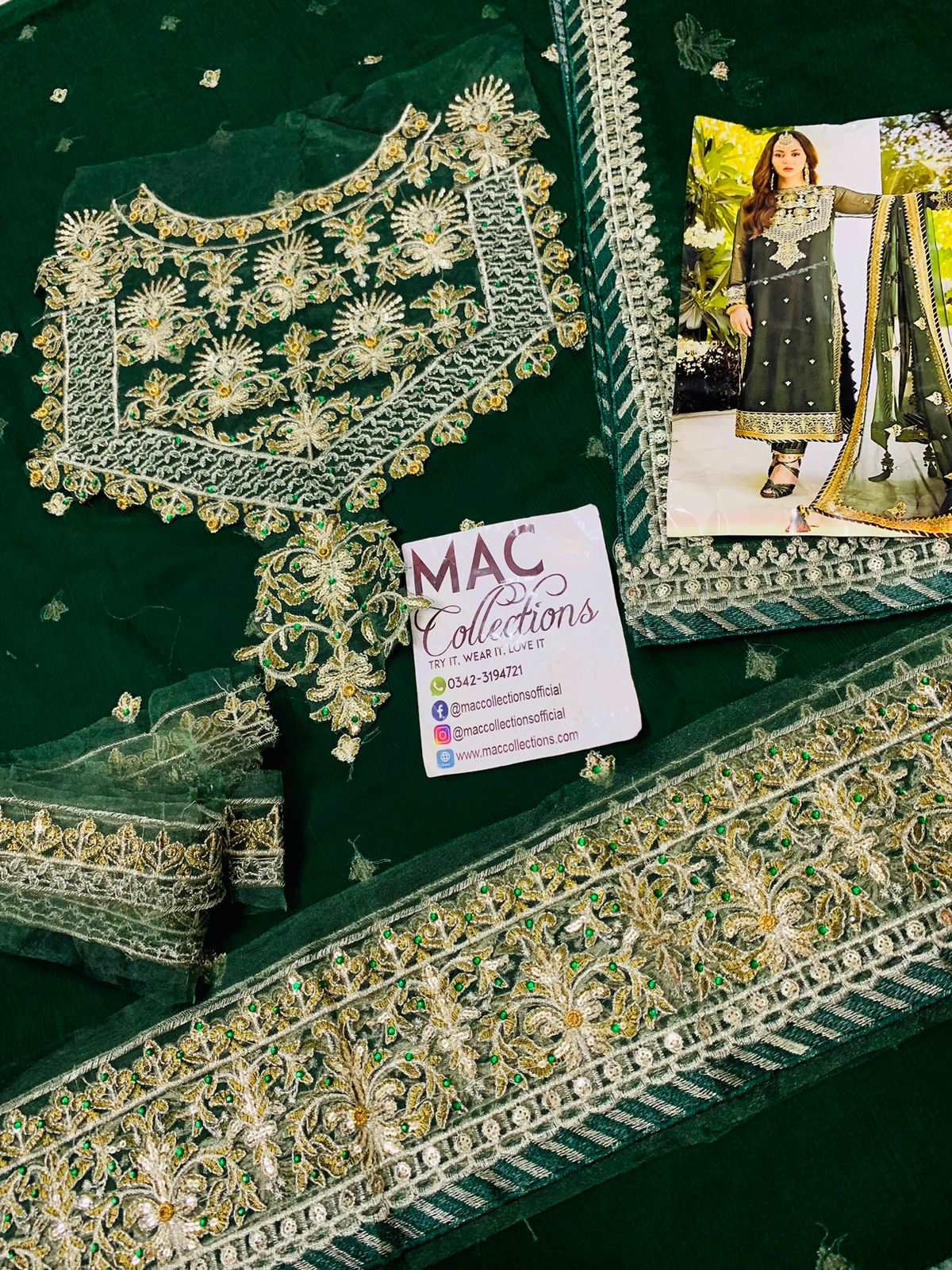 Asim jofa Dark Green Luxury Chiffon Collection Replica