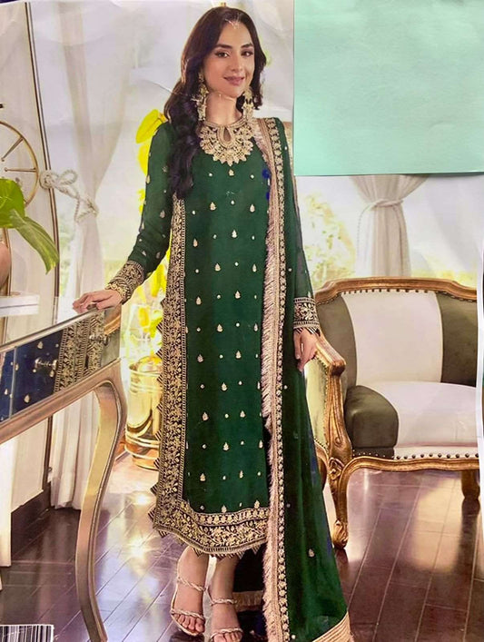 Asim jofa Dark Green Round neck Luxury Chiffon Collection Replica