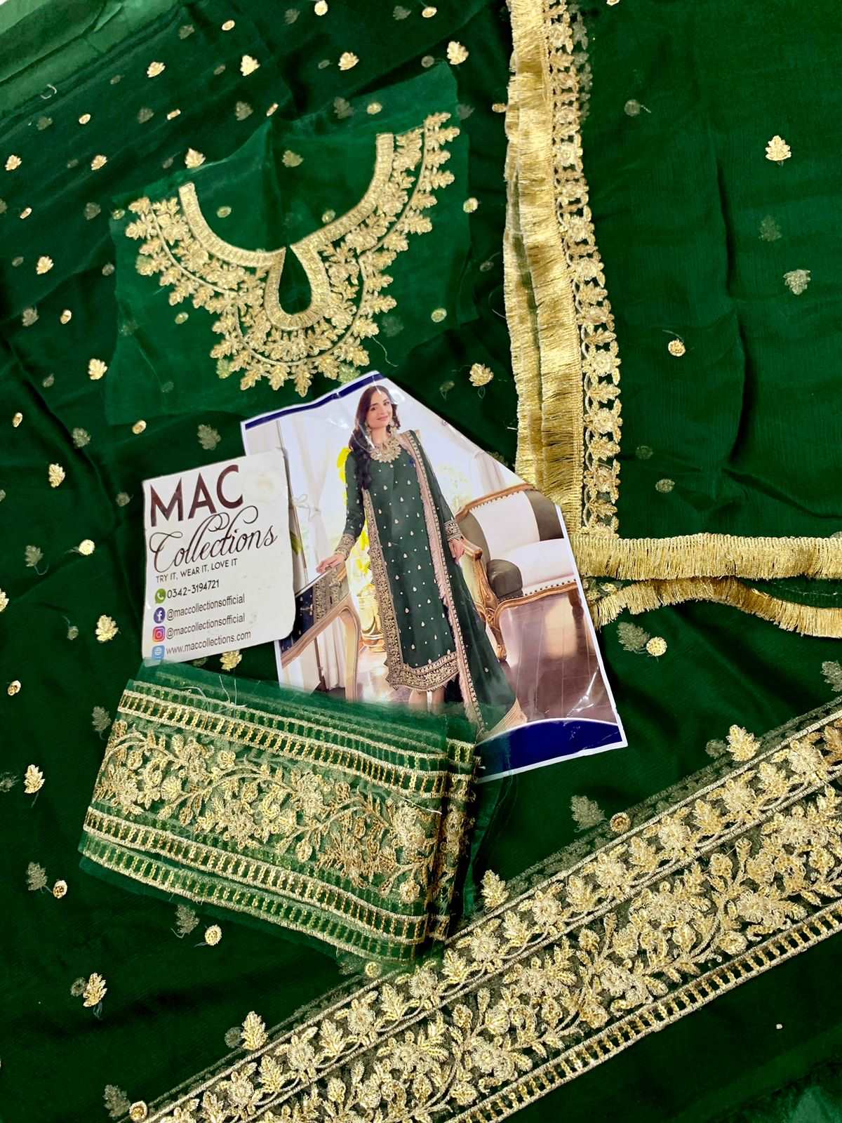 Asim jofa Dark Green Round neck Luxury Chiffon Collection Replica